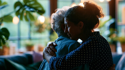 Obraz premium Cinematic side view of two silhouetted figures gently hugging on a bright softly defocused home sofa during a warm conversation moment elderly mother adult daughter loving