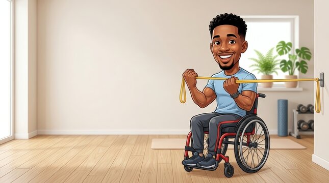 Young male adaptive fitness coach in wheelchair exercising with resistance band
