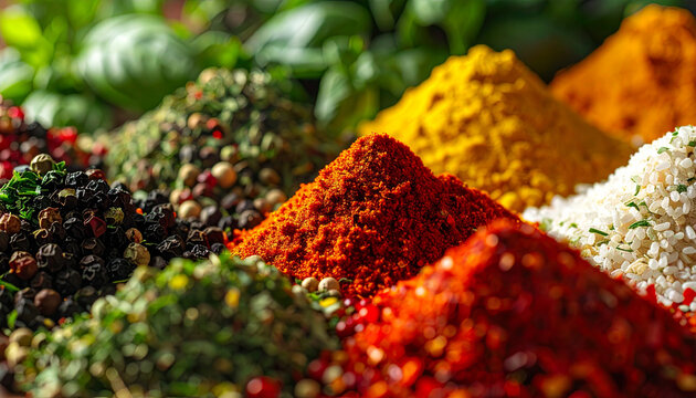 Vibrant assortment of spices and herbs ready for culinary use in closeup