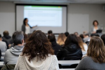 Fototapeta premium Wide classroom presentation with a female speaker and audience engaged in learning