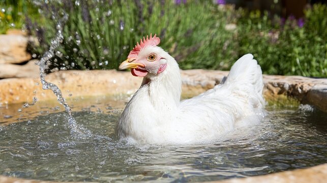 White domestic hen splashing in a shallow garden pond with a fountain and lush greenery