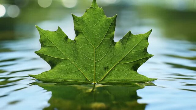 Close up of a green maple leaf floating on water surface with ripples.