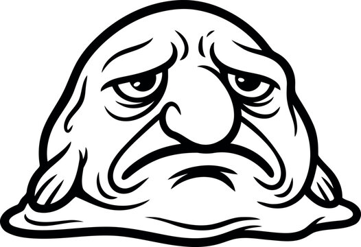 Sad blobfish vector illustration, grumpy deep sea fish character, black and white cartoon blobfish line art, funny ugly sea creature mascot
