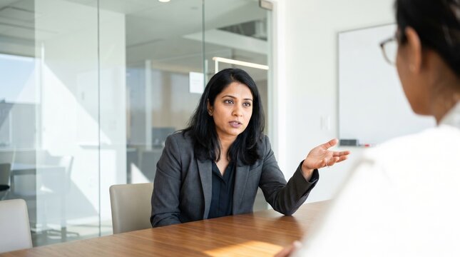 South Asian businesswoman in gray blazer discussing ideas across conference table with colleague, professional office setting, focused expression and engaged gesture