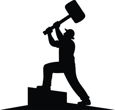 Black silhouette of a man wearing a cap hitting a block with a large hammer