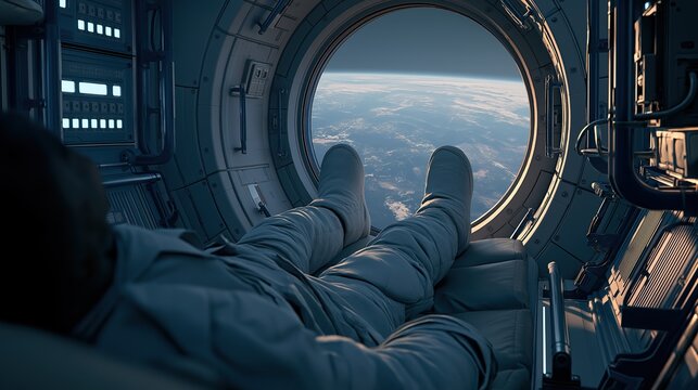Astronaut relaxing inside spaceship capsule with legs stretched towards large round window looking at planet Earth from outer space showing space exploration and travel concept