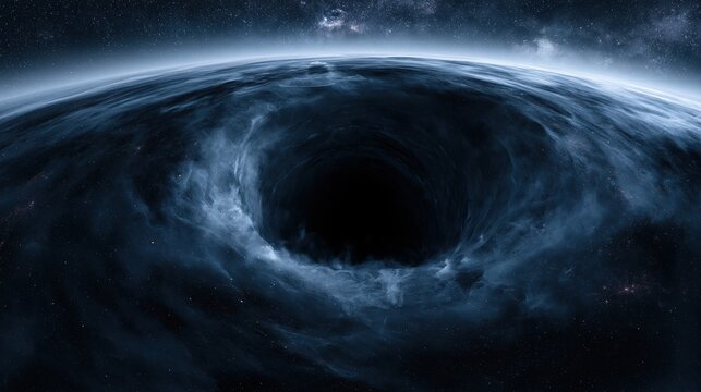Massive black hole with swirling blue gaseous accretion disk in deep star filled outer space showing amazing cosmic astronomy astrophysics and gravity concept