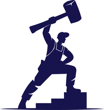 Man in overalls and cap holding large sledgehammer on a block  strong worker in action