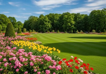 Obraz premium Vibrant flower gardens decorate a meticulously manicured lawn in a lush park.