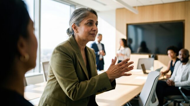 South Asian businesswoman leading meeting in modern conference room, confident professional sharing ideas with diverse team