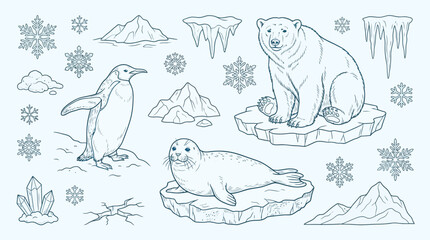 A charming hand-drawn illustration featuring arctic animals like a polar bear, penguin, and seal, surrounded by snowflakes, ice formations, and mountains. © KN collection