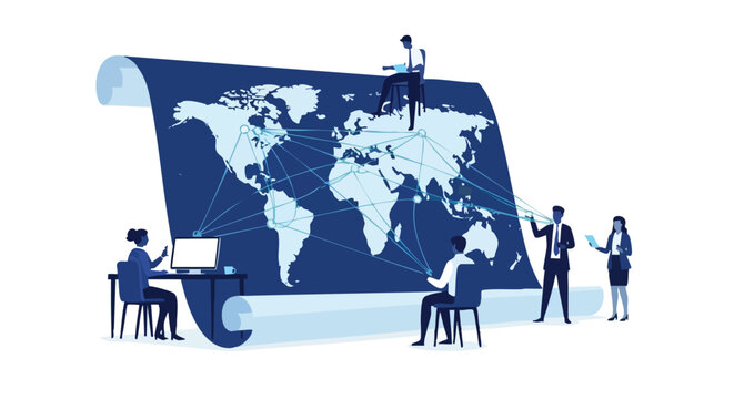 Strategic business team coordinating global digital connectivity and international market expansion for enterprise-level logistics and communications