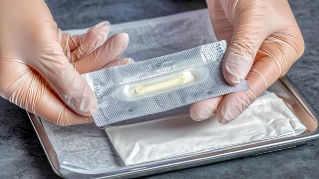 Hands in gloves holding medical device in sterile tray for insertion
