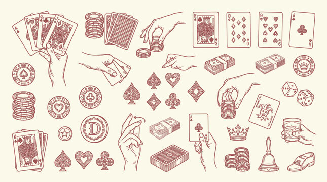 A detailed collection of hand-drawn illustrations depicting various elements associated with card games and gambling, including playing cards, poker chips, dice, and hands holding game items.