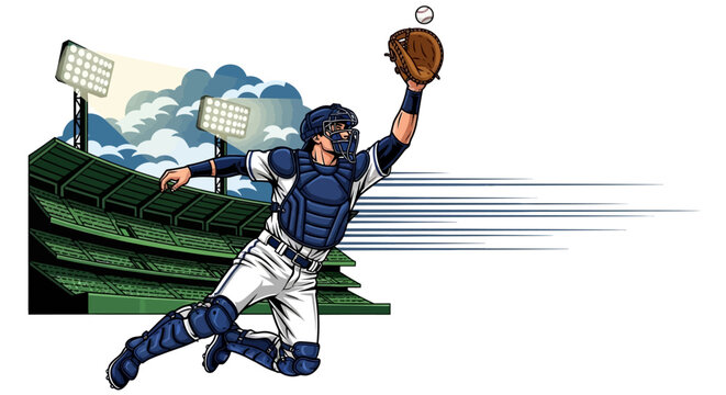 Baseball catcher, sports illustration, athletic action, blue uniform, stadium background, vector graphic