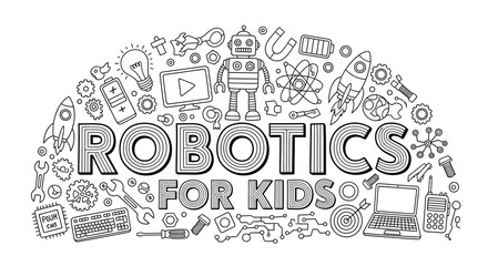 Robotics for kids, robotic education, kid friendly robots, line art icons © Kyte