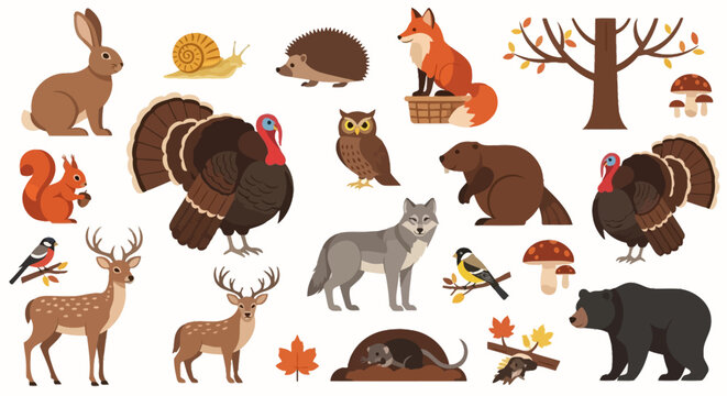Autumn forest animals, wildlife icons, 20 vector illustrations, woodland creatures, fall symbols