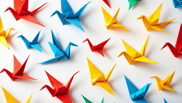 Colorful paper origami cranes flying in a pattern isolated on white background, illustration