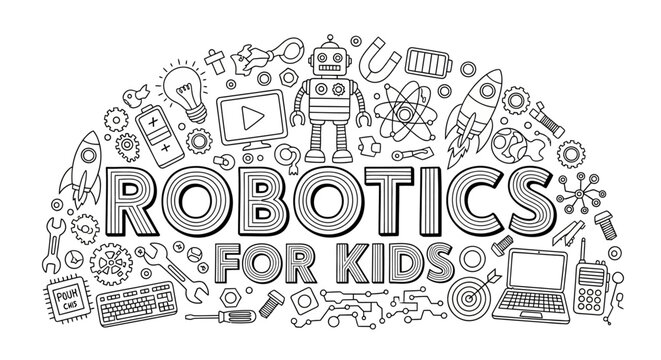 Robotics for kids, robotic education, kid friendly robots, line art icons