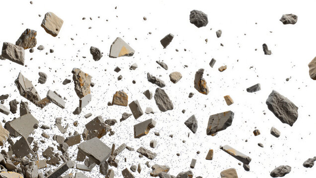 Small grey stone debris exploding in the air isolated on white background, illustration