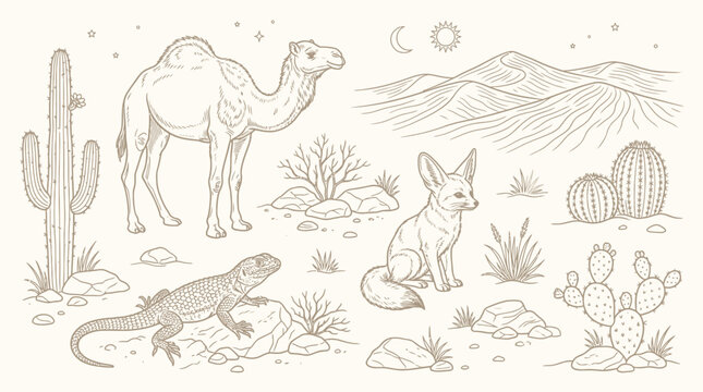 Desert wildlife illustration featuring a camel, fennec fox, lizard, and various cacti under a starry sky with mountains in the background.