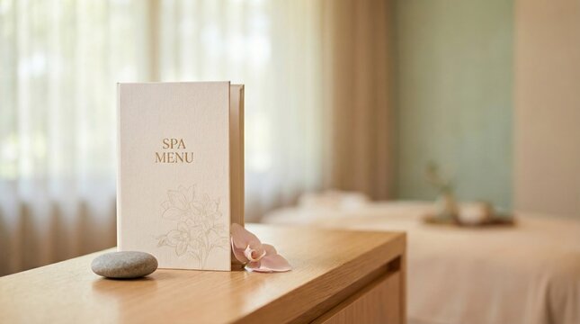A spa menu is placed on a wooden surface in a wellness center. A smooth stone and flower petals are beside it. Soft light fills the room, creating a warm atmosphere