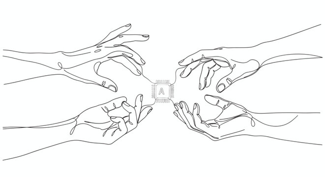 Four hands reaching for a central computer processor chip