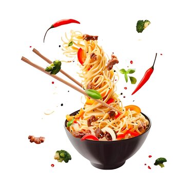 Delicious asian noodles with fresh vegetables and spices flying out of a bowl, a dynamic food photography concept with ingredients in motion