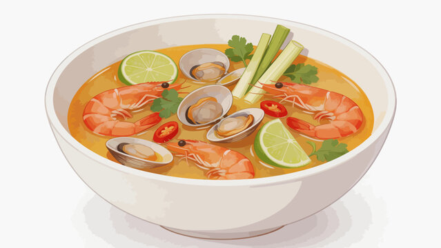 Bowl of seafood soup with shrimp clams lime