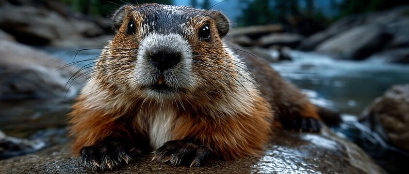 A wet beaver with expressive eyes sitting on a rock by the stream provides a vivid backdrop for educational materials on wildlife, nature reserves and eco-tourism.