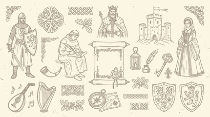 Vintage hand-drawn medieval elements set with knight, castle, king, queen, and heraldic symbols. © KN collection