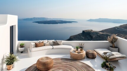 Naklejka premium Santorini Oasis: A Terrace With Breathtaking Aegean Views