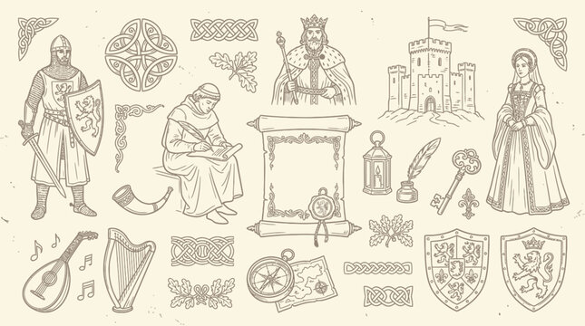 Vintage hand-drawn medieval elements set with knight, castle, king, queen, and heraldic symbols.
