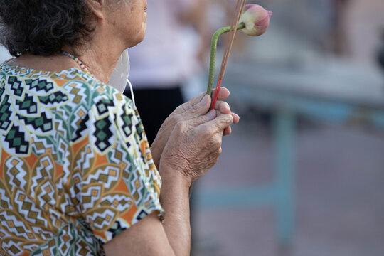 Senior female hands holding incense and lotus flower in candlelight procession around Buddha statue on Makha Bucha Day, close up.