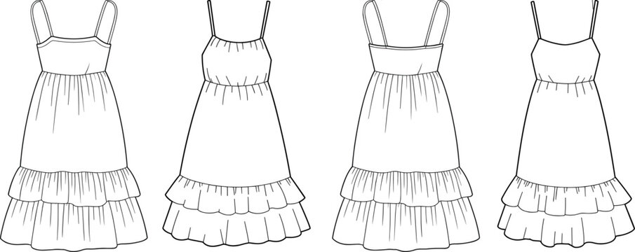 Women summer dress technical drawing, front and back views, ruffle hem sundress outline, fashion apparel template &ndash; vector illustration