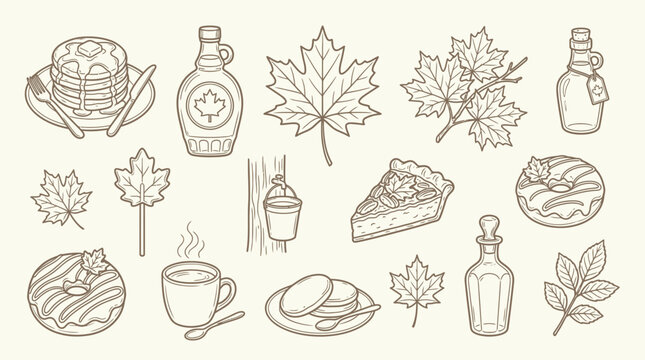 A charming collection of hand-drawn illustrations featuring maple syrup, pancakes, donuts, pie, and maple leaves, evoking a cozy autumn theme.