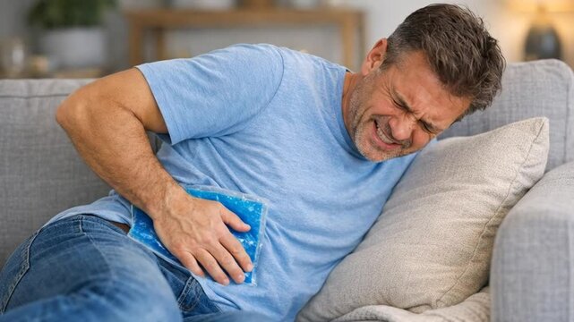 Middle-aged Man Suffering from Severe Abdominal Pain Holding Ice Pack on Sofa