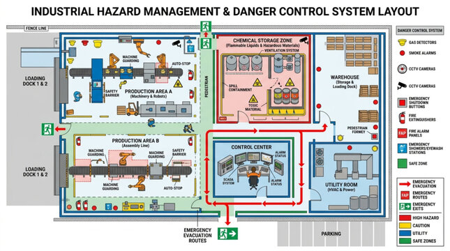 Industrial Hazard Management and Danger Control System Layout Diagram.