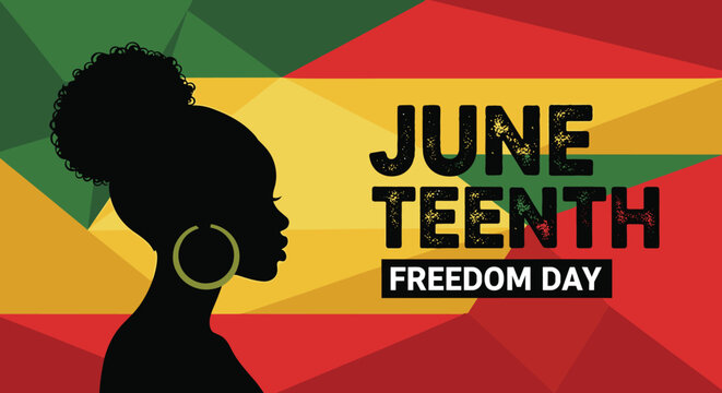Woman silhouette appears against a geometric background featuring the red, gold, and green colors of the Juneteenth holiday to celebrate freedom day.