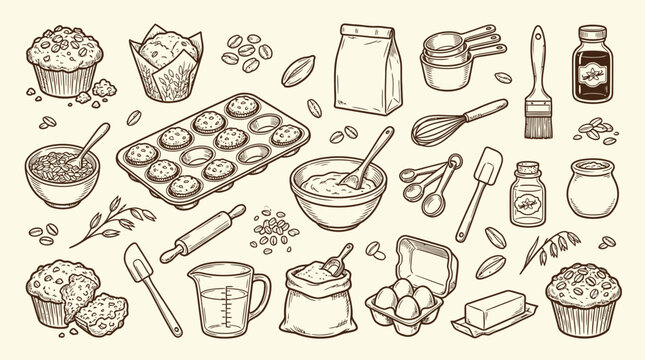 A charming hand-drawn illustration showcasing a delightful collection of baking ingredients and tools, perfect for any culinary enthusiast.
