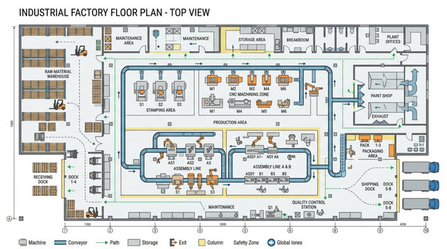 Industrial Factory Floor Plan Top View Blueprint.
