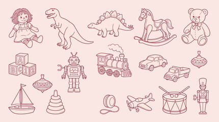 A charming collection of vintage-style line drawings of various classic toys, presented on a soft pink background. © KN collection