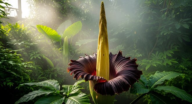 A rare and exotic titan arum flower blooms in a lush green forest with sunlight shining through the dense foliage and mist rising from the undergrowth