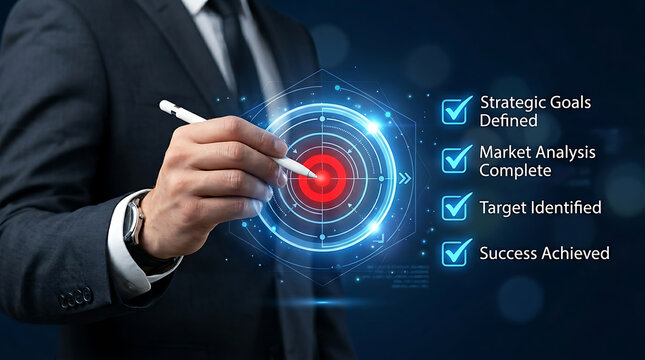 A businessman in a suit using a stylus to select a target on a digital interface with a checklist showing strategic goals and market analysis