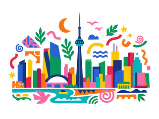 Obraz premium Vibrant flat 2D vector illustration of a stylized Toronto city skyline with abstract elements and a dynamic urban landscape.