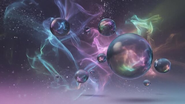 Abstract composition featuring floating iridescent holographic spheres and flowing vaporous smoke trails in shades of purple, teal, and blue against a dark black background.