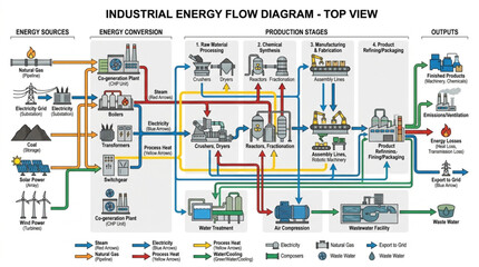 Industrial Energy Flow Diagram Top View Schematic Illustration. © Pahmi