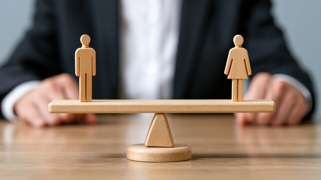 Wooden figures of man and woman balanced on a seesaw representing equality
