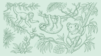 Fototapeta premium A whimsical illustration of a monkey, a sloth, and a koala amidst lush jungle foliage and branches.