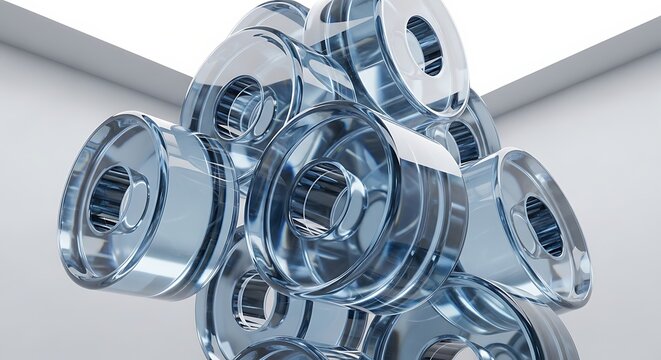 Abstract cluster of transparent glass gears representing mechanical engineering and complex systems with a clean modern aesthetic for technology concepts